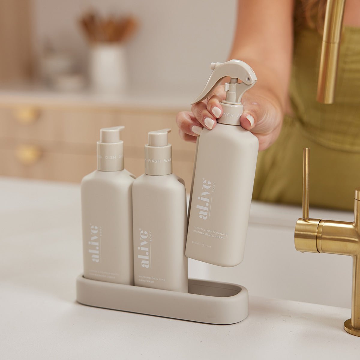 AL.IVE BODY DISHWASHING LIQUID, HAND WASH & BENCH SPRAY + TRAY, PREMIUM KITCHEN TRIO
