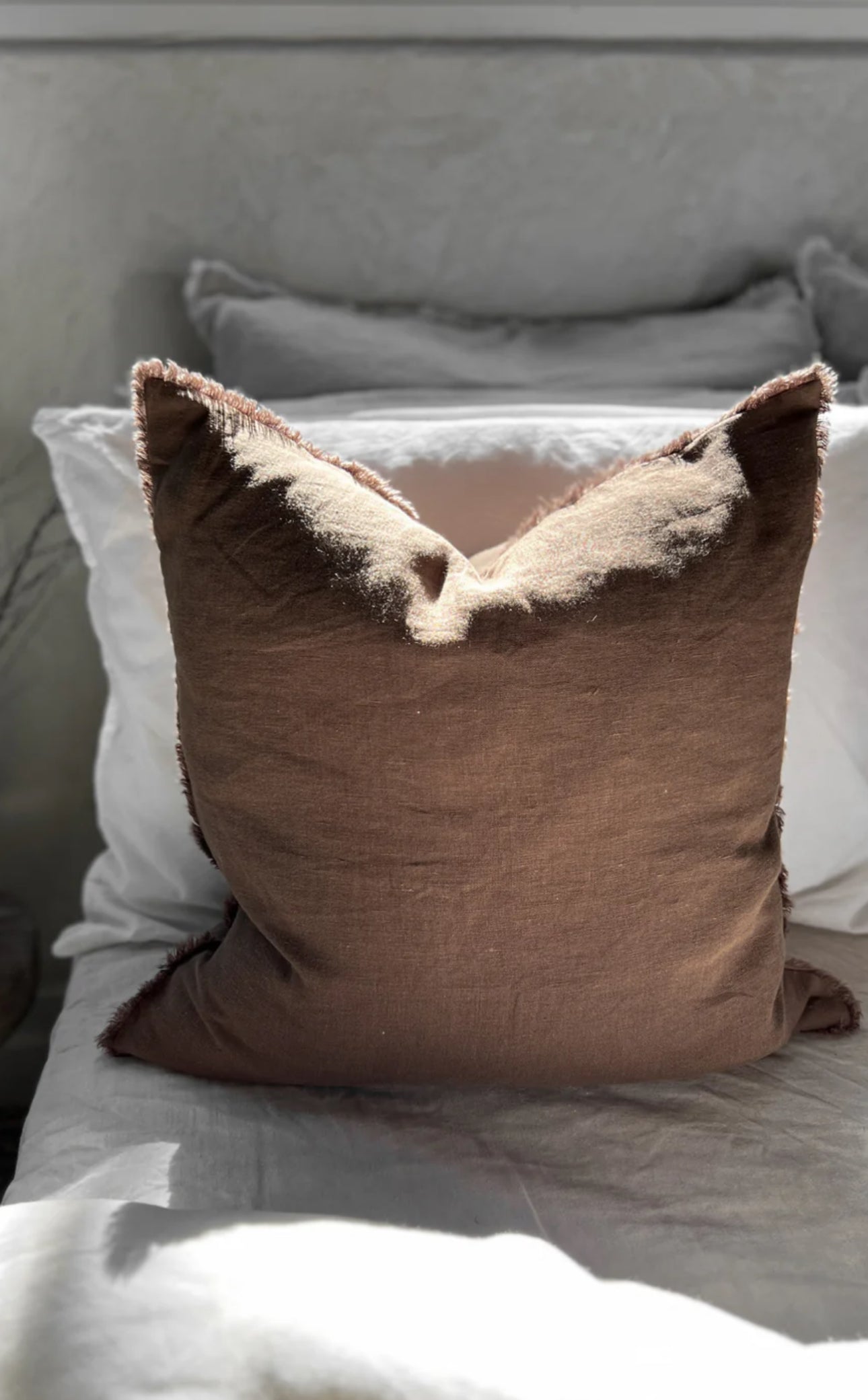 Feather & Oak Linen Standard Cushion - Cocoa Fringed 50cm