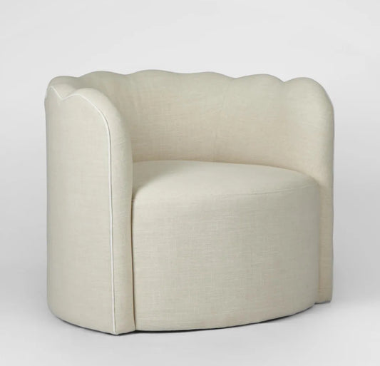 CAMILLE SCALLOP ARMCHAIR NATURAL WITH WHITE PIPING