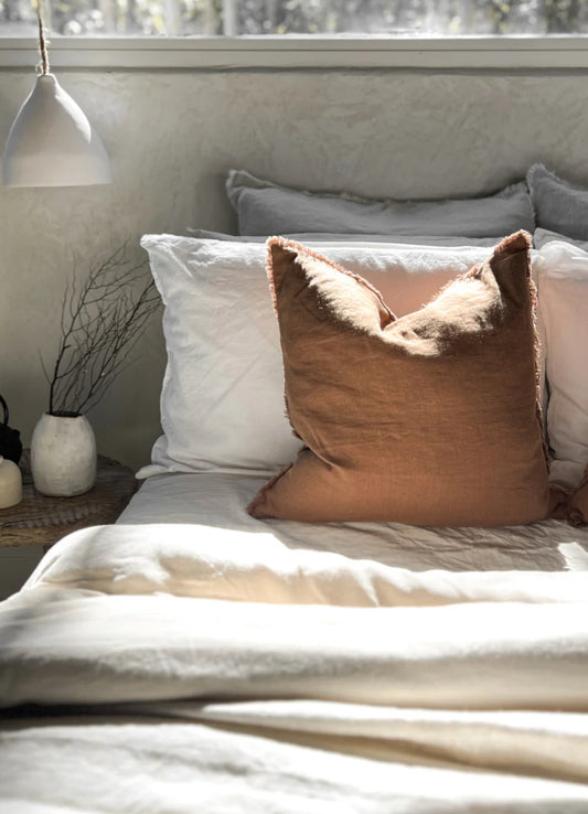 Feather & Oak Linen Standard Cushion - Cocoa Fringed 50cm