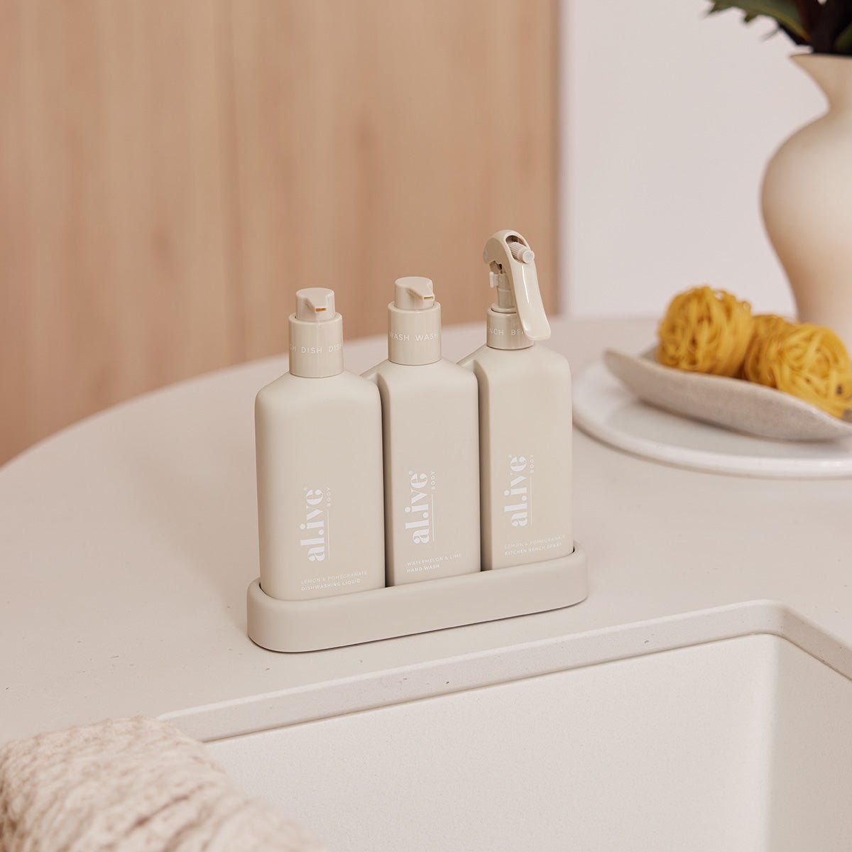 AL.IVE BODY DISHWASHING LIQUID, HAND WASH & BENCH SPRAY + TRAY, PREMIUM KITCHEN TRIO